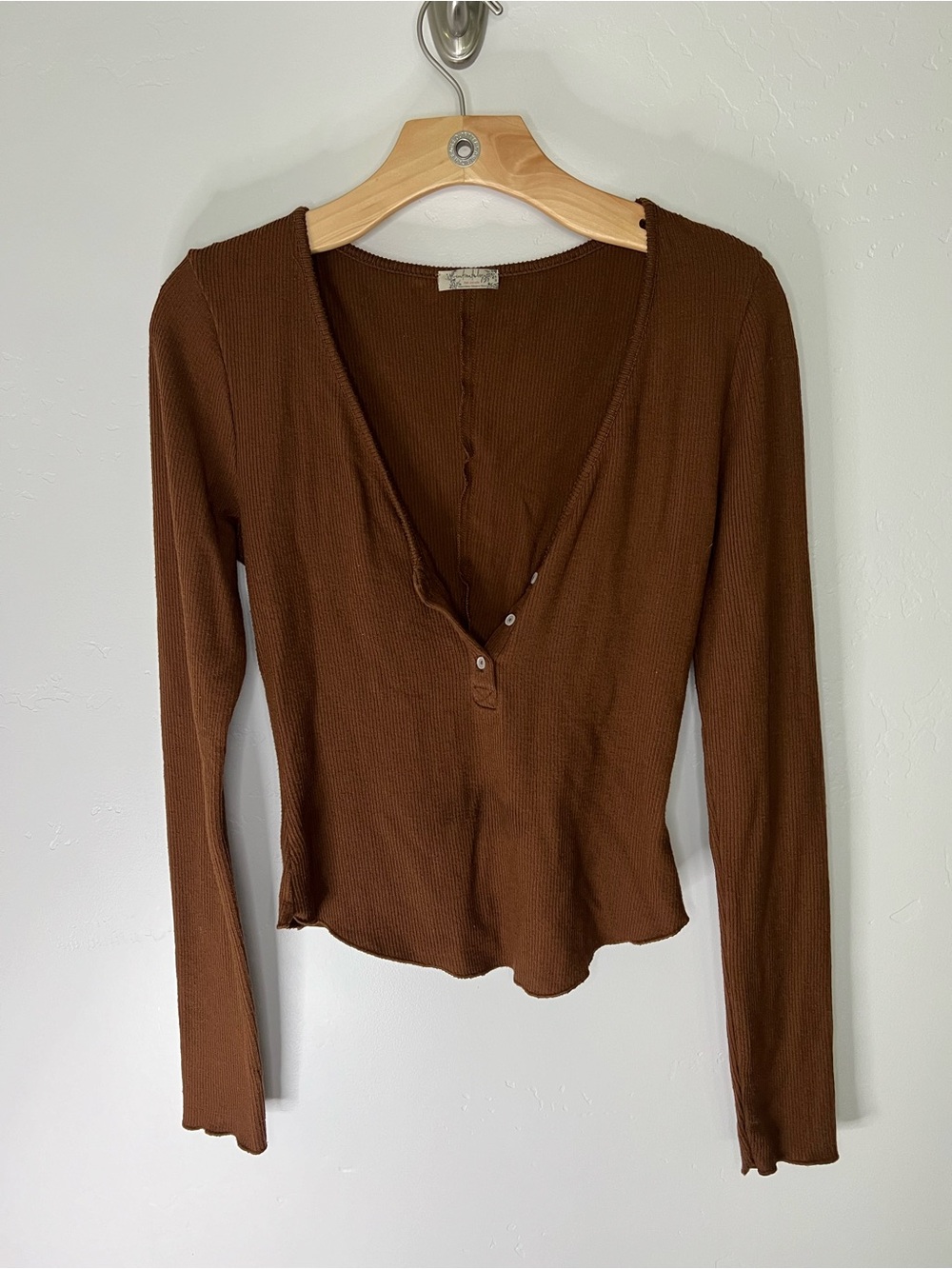 Free People Ribbed Keep It Basic Chocolate Brown Long-Sleeve Henley Top